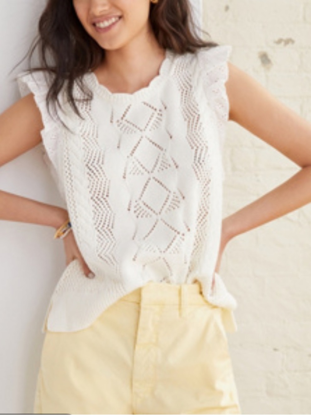 Anthropologie Ivory Pointelle Knit Ruffle Sleeve Sweater Top Cottagecore